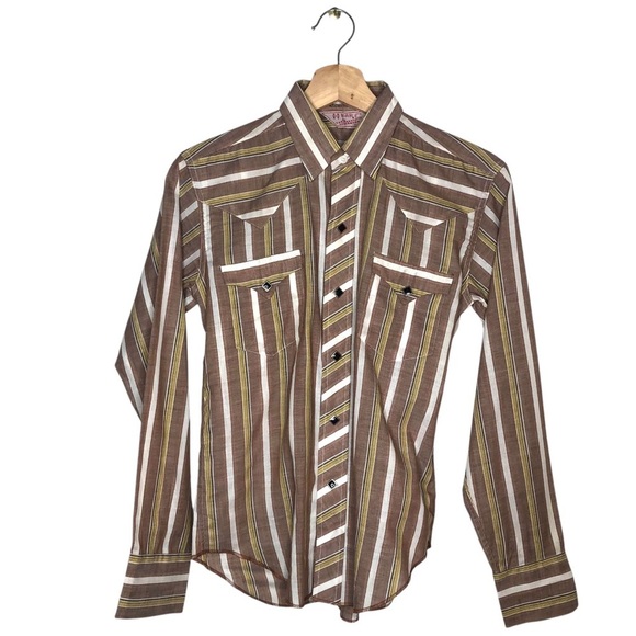 VINTAGE 70s H Bar C California Ranchwear Mens Brown Striped Western Shirt Small - Picture 1 of 8